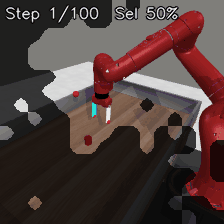 MetaWorld reach trajectory showing selected tokens around the robot arm and workspace
