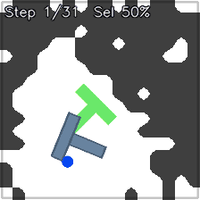 PushT trajectory showing selected tokens around the pusher and T-shaped object